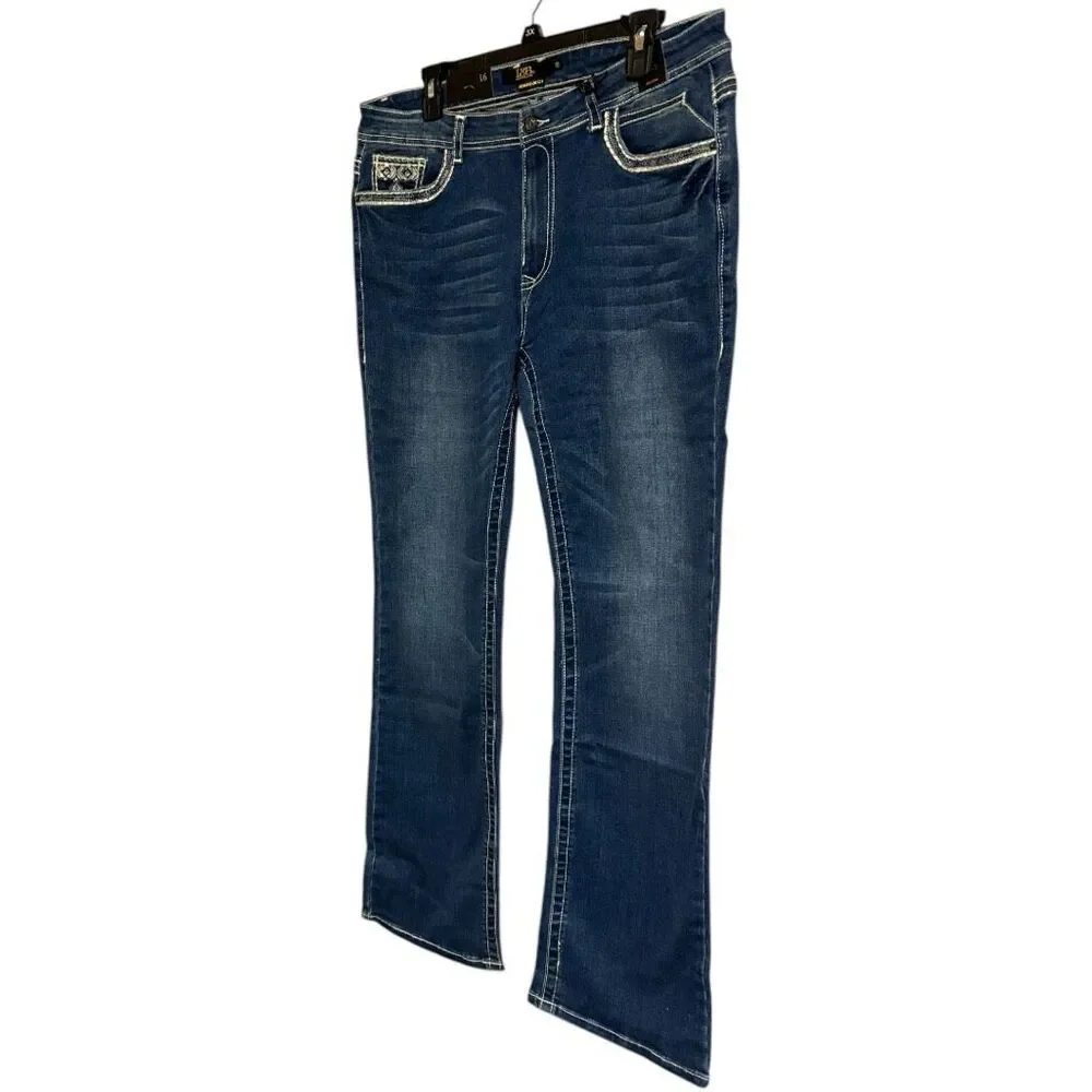 Lucky & Blessed Embroidered Dark Wash Mid Rise Bootcut Jeans NWT - Picture 6 of 12